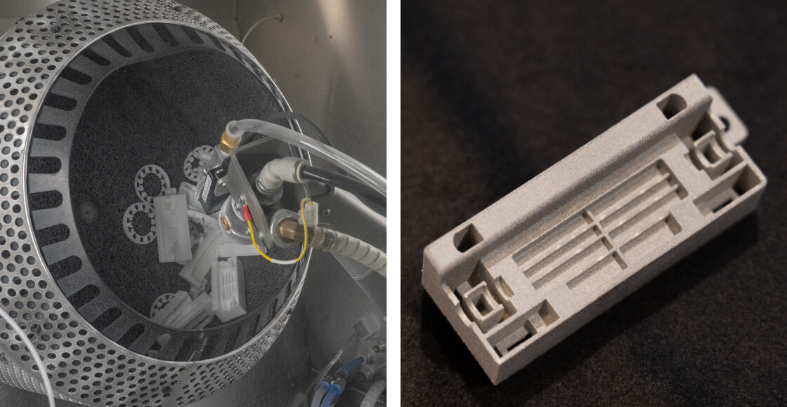 HP Jet Fusionで造形したパーツ類をFuse Blastで加工する様子。加工前はパウダーで埋まっていた部分も、奥まで十分に除去できている。