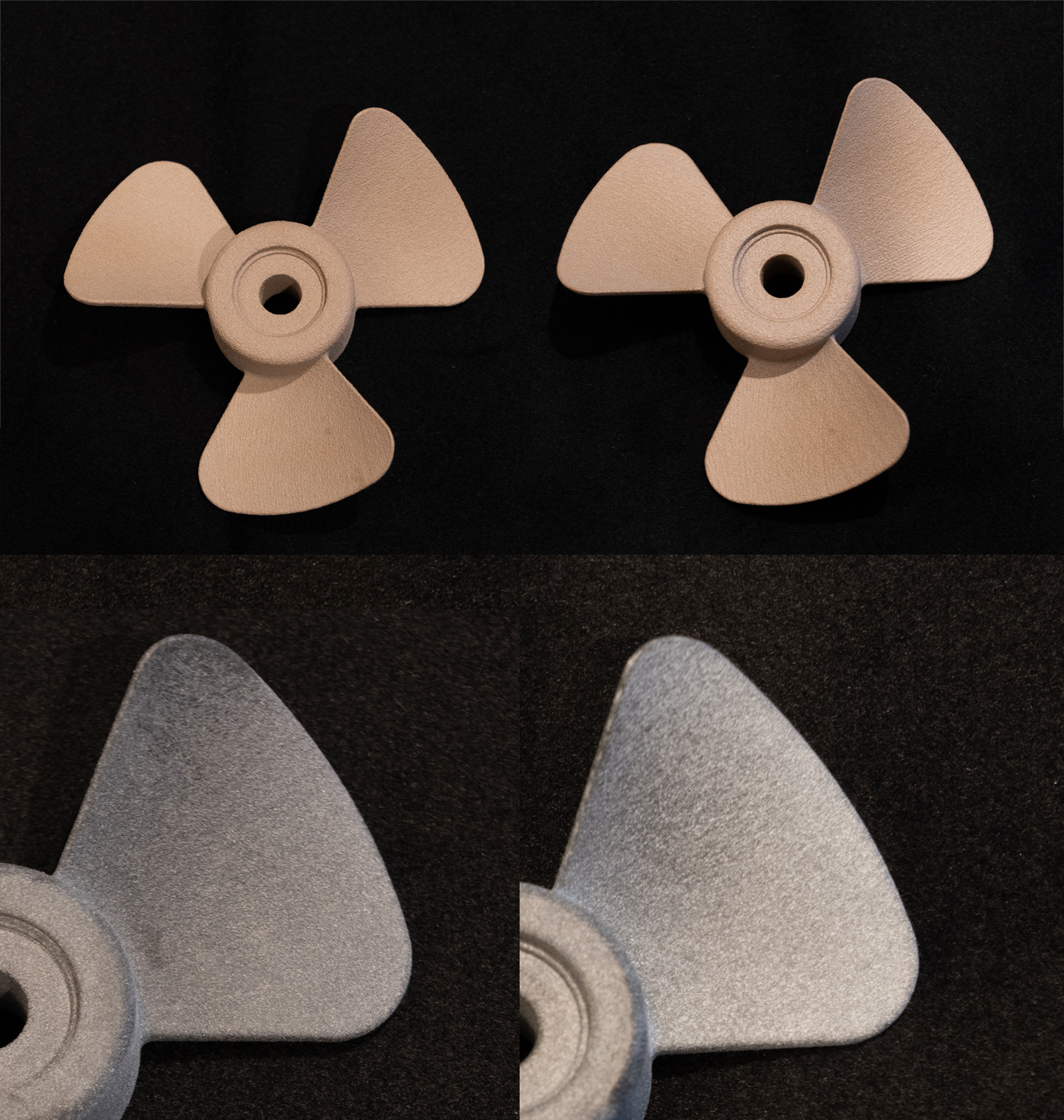 Fuse Blastによる後処理前の造形物（左）と処理後（右）の比較。ベージュ（上）の造形物はPowder Bed Fusion方式3Dプリンターで造形、材料はPPS。グレー（下）の造形物はHP Multi Jet Fusionで造形、材料はナイロン12。